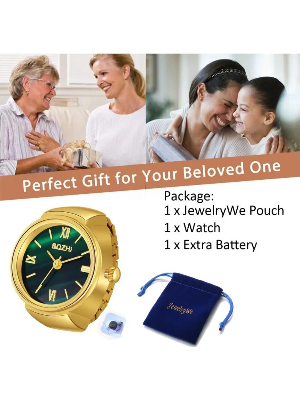 Womens Green And Gold Quartz Stretchy Band Elastic Simple Dial Finger Ring Watch